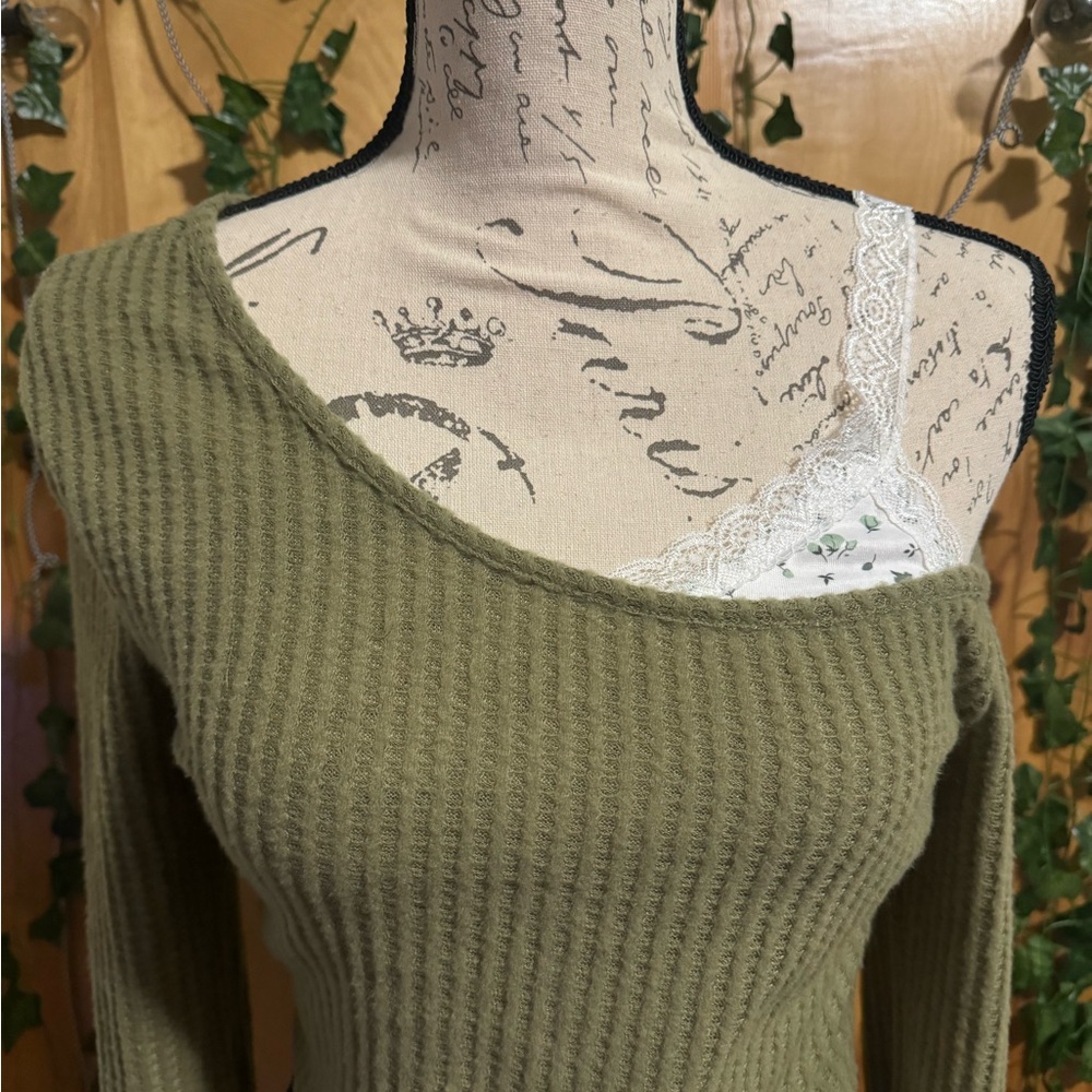 Off the shoulder green cropped sweater